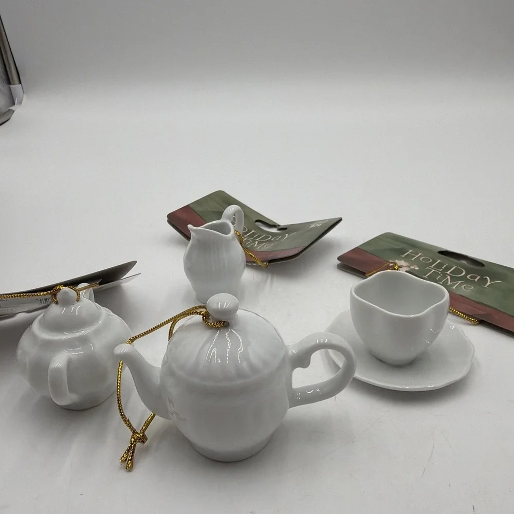 Vintage White Porcelain 4 Piece Miniature Tea Set Ornaments Holiday Time